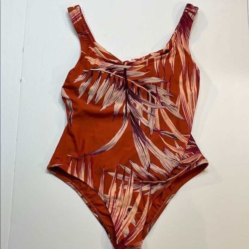 Kona Sol Womens Twist Back One-Piece Orange Tropical Print Swimsuit Sz M